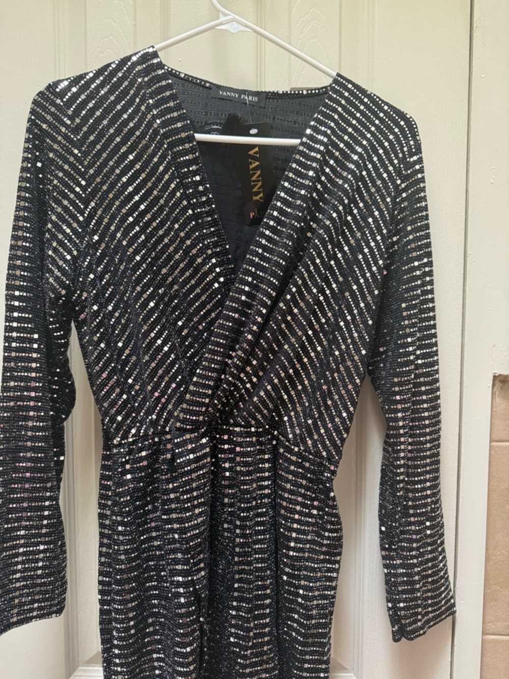 Vanny Paris Black Metallic Stripe Long Sleeve Wrap Dress